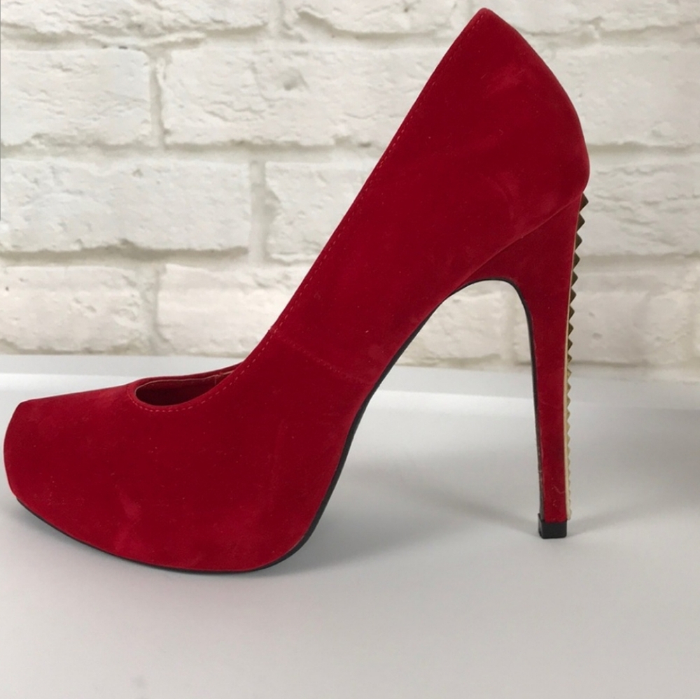 Red velvet stilettos with gold studd accents